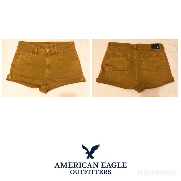 America Eagle Super Super Stretch Mustard Shorts High Rise Shorty Size 8 - Picture 1 of 5
